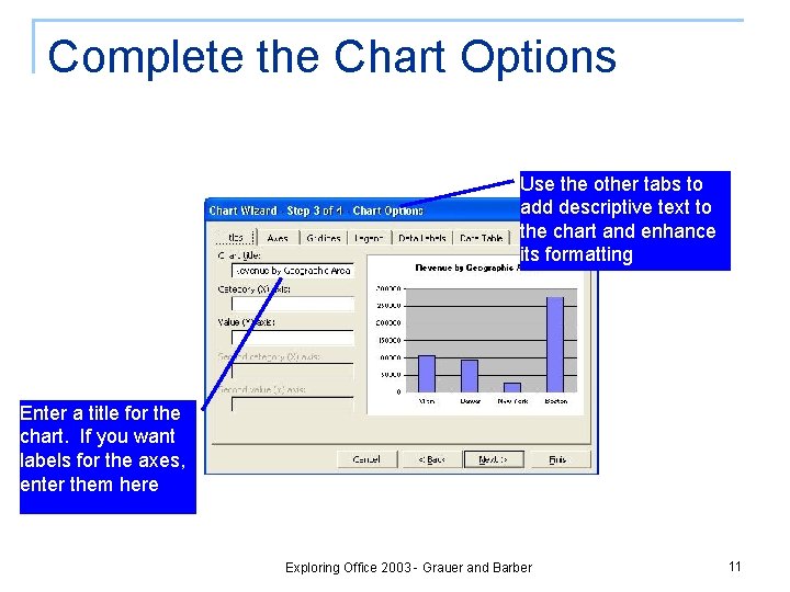 Complete the Chart Options Use the other tabs to add descriptive text to the