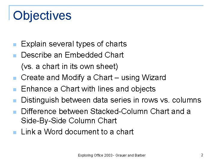 Objectives n n n n Explain several types of charts Describe an Embedded Chart