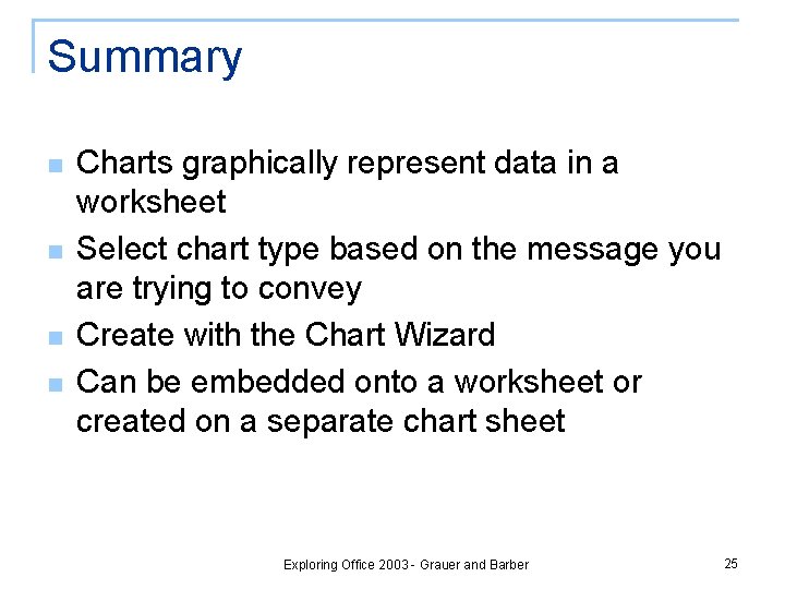Summary n n Charts graphically represent data in a worksheet Select chart type based