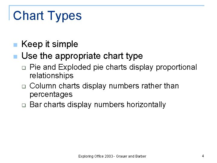Chart Types n n Keep it simple Use the appropriate chart type q q