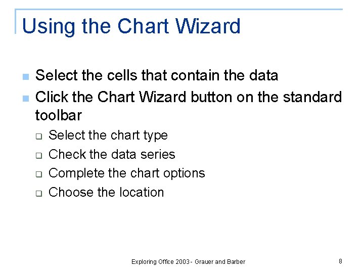 Using the Chart Wizard n n Select the cells that contain the data Click