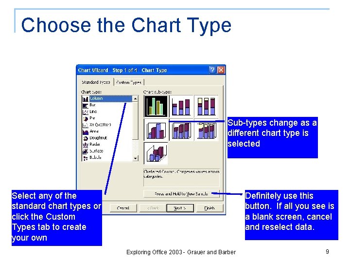 Choose the Chart Type Sub-types change as a different chart type is selected Select