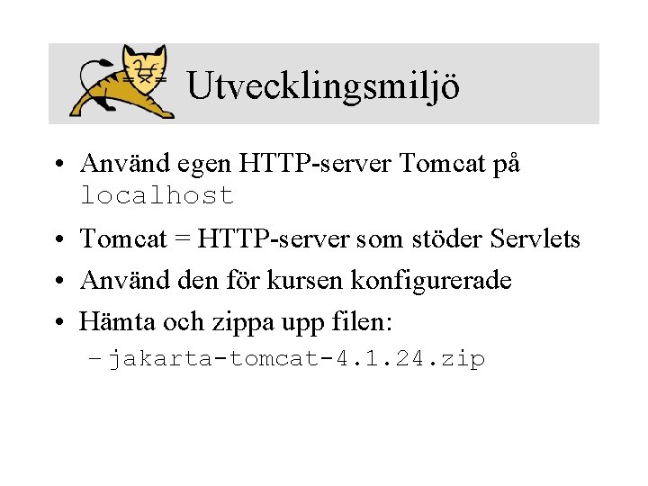 Utvecklingsmiljö • Använd egen HTTP-server Tomcat på localhost • Tomcat = HTTP-server som stöder
