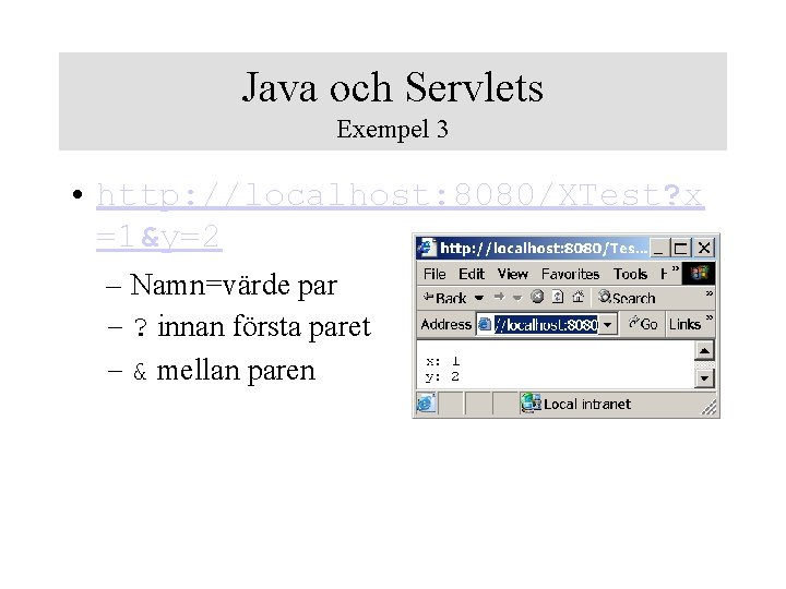 Java och Servlets Exempel 3 • http: //localhost: 8080/XTest? x =1&y=2 – Namn=värde par