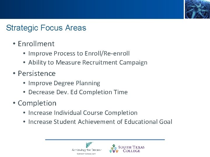 Strategic Focus Areas • Enrollment • Improve Process to Enroll/Re-enroll • Ability to Measure