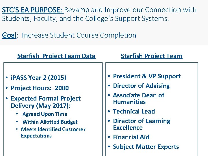 STC’S EA PURPOSE: Revamp and Improve our Connection with Students, Faculty, and the College’s
