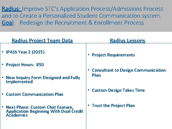 Radius: Improve STC’s Application Process/Admissions Process and to Create a Personalized Student Communication system.