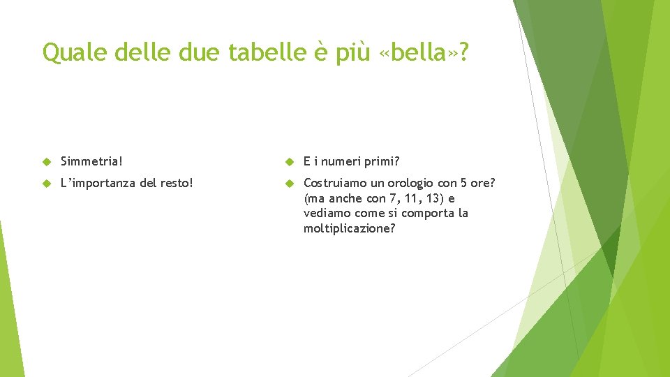 Quale delle due tabelle è più «bella» ? Simmetria! E i numeri primi? L’importanza