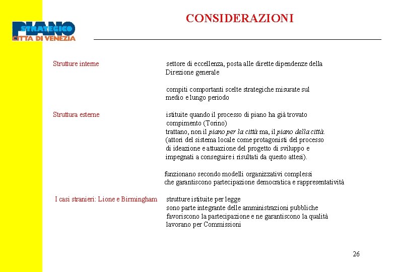 CONSIDERAZIONI Strutture interne settore di eccellenza, posta alle dirette dipendenze della Direzione generale compiti