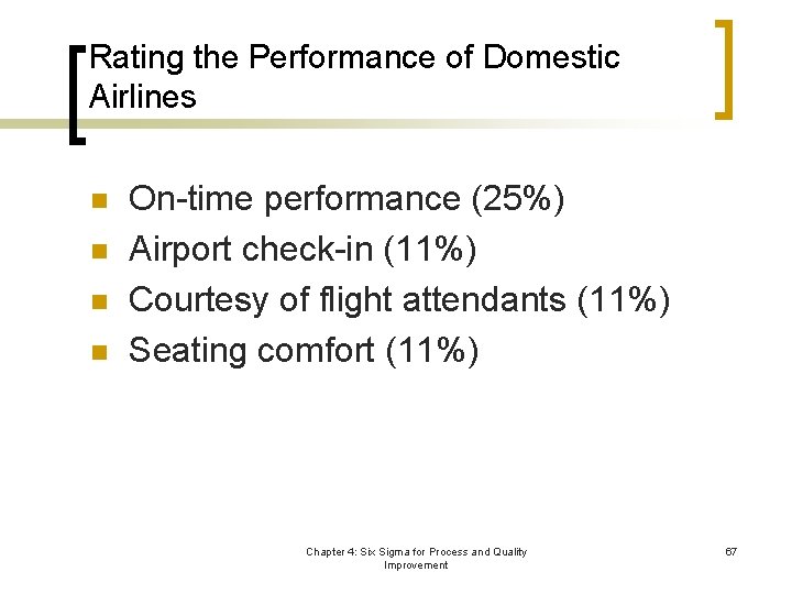 Rating the Performance of Domestic Airlines n n On-time performance (25%) Airport check-in (11%)