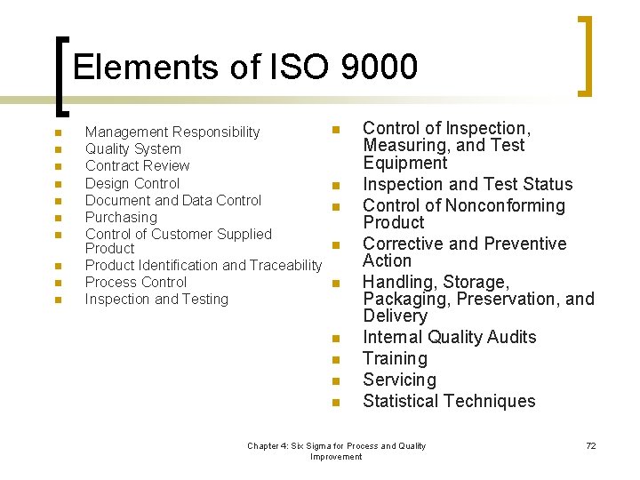 Elements of ISO 9000 n n n n n Management Responsibility Quality System Contract