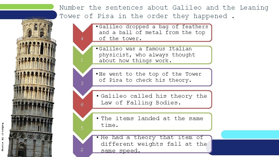 Number the sentences about Galileo and the Leaning Tower of Pisa in the order