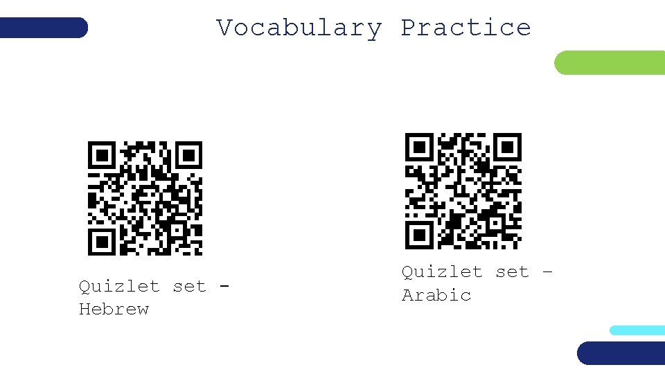 Vocabulary Practice Quizlet set Hebrew Quizlet set – Arabic 