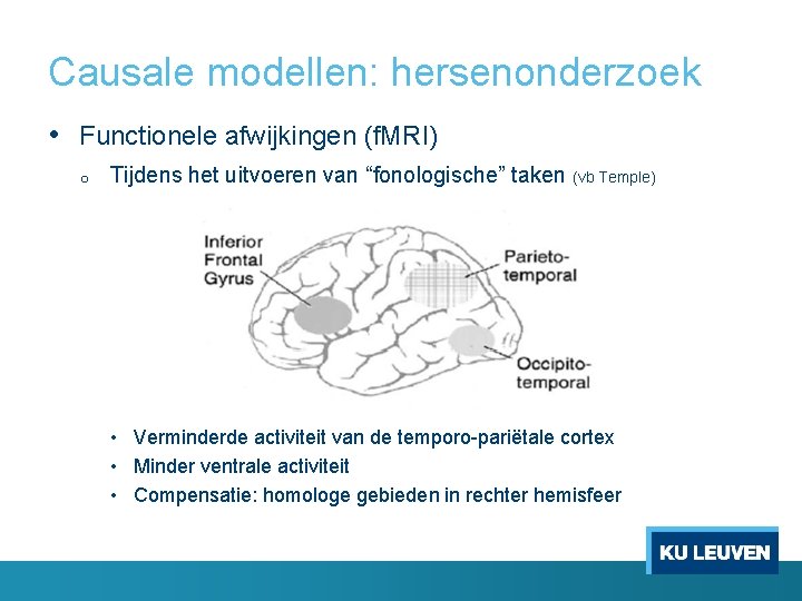 Causale modellen: hersenonderzoek • Functionele afwijkingen (f. MRI) o Tijdens het uitvoeren van “fonologische”