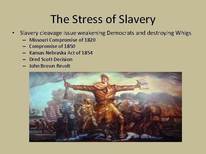 The Stress of Slavery • Slavery cleavage issue weakening Democrats and destroying Whigs –