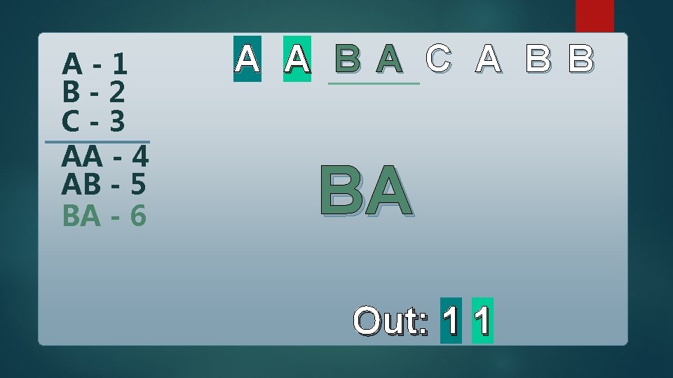 A-1 B-2 C-3 AA - 4 AB - 5 BA - 6 A A