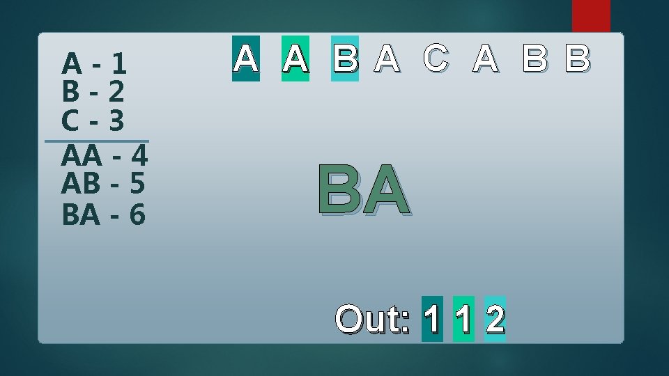 A-1 B-2 C-3 AA - 4 AB - 5 BA - 6 A A