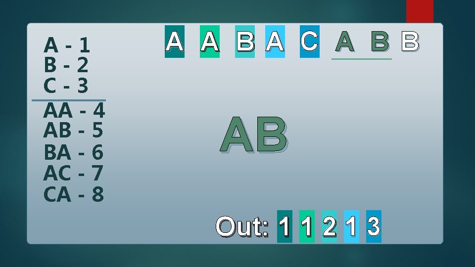 A-1 B-2 C-3 AA - 4 AB - 5 BA - 6 AC -