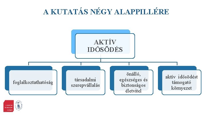 A KUTATÁS NÉGY ALAPPILLÉRE AKTÍV IDŐSÖDÉS foglalkoztathatóság társadalmi szerepvállalás önálló, egészséges és biztonságos életvitel