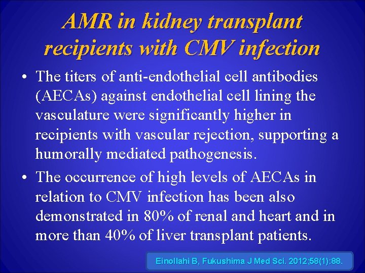 AMR in kidney transplant recipients with CMV infection • The titers of anti-endothelial cell