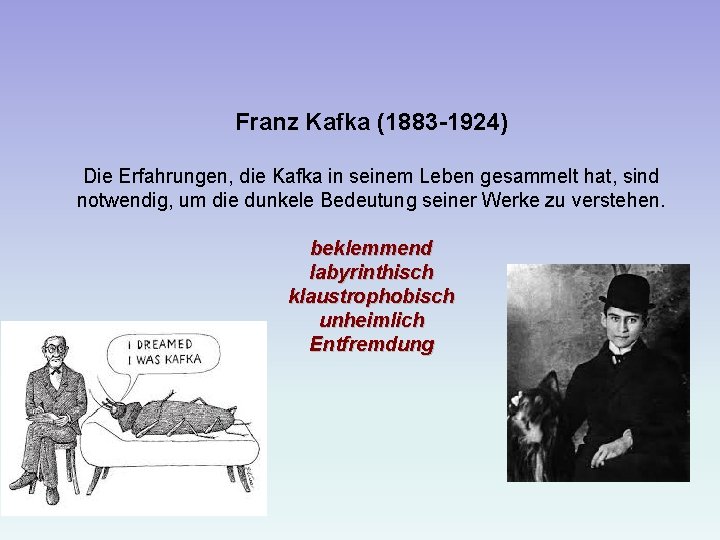 Franz Kafka (1883 -1924) Die Erfahrungen, die Kafka in seinem Leben gesammelt hat, sind