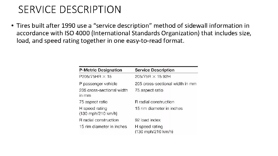 SERVICE DESCRIPTION • Tires built after 1990 use a “service description” method of sidewall