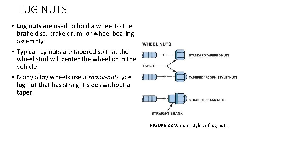 LUG NUTS • Lug nuts are used to hold a wheel to the brake