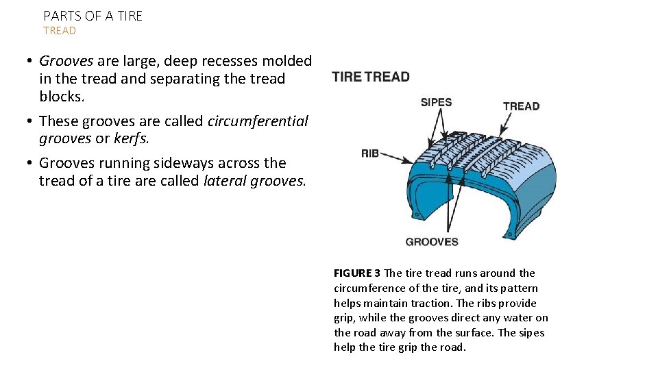 PARTS OF A TIRE TREAD • Grooves are large, deep recesses molded in the