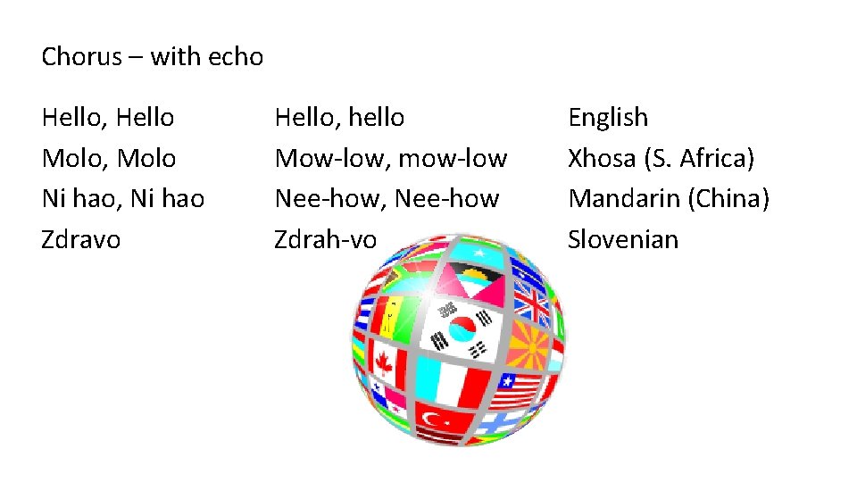 Chorus – with echo Hello, Hello Molo, Molo Ni hao, Ni hao Zdravo Hello,