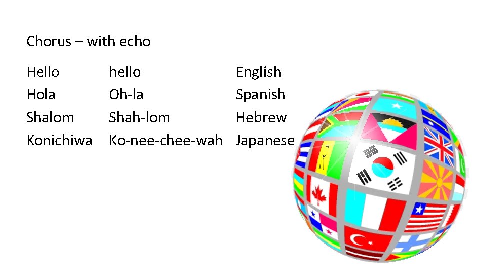 Chorus – with echo Hello Hola Shalom Konichiwa hello Oh-la Shah-lom Ko-nee-chee-wah English Spanish