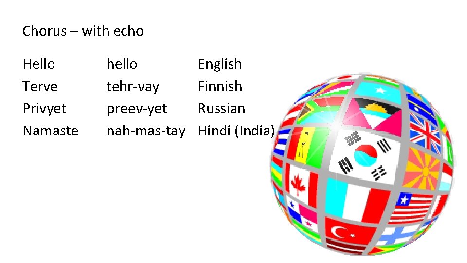 Chorus – with echo Hello Terve Privyet Namaste hello tehr-vay preev-yet nah-mas-tay English Finnish
