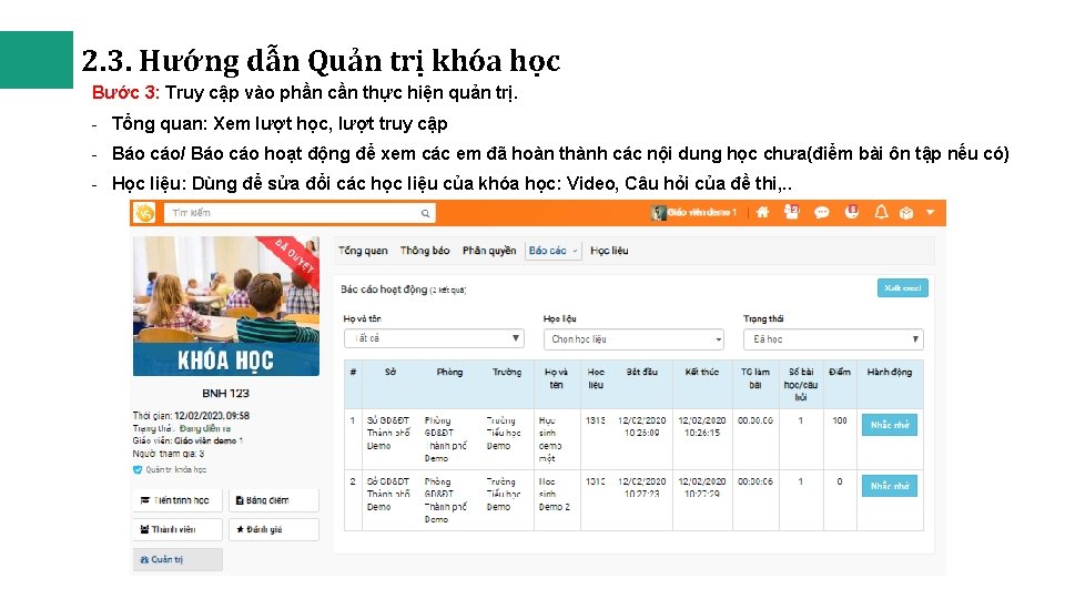 2. 3. Hướng dẫn Quản trị khóa học Bước 3: Truy cập vào phần