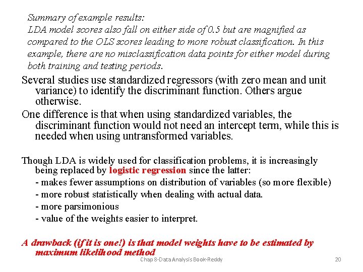 Summary of example results: LDA model scores also fall on either side of 0.