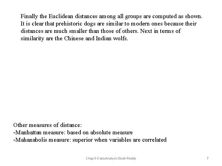 Finally the Euclidean distances among all groups are computed as shown. It is clear