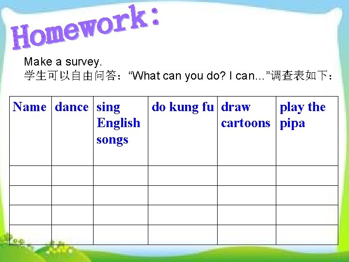 Make a survey. 学生可以自由问答：“What can you do? I can…”调查表如下： Name dance sing do kung