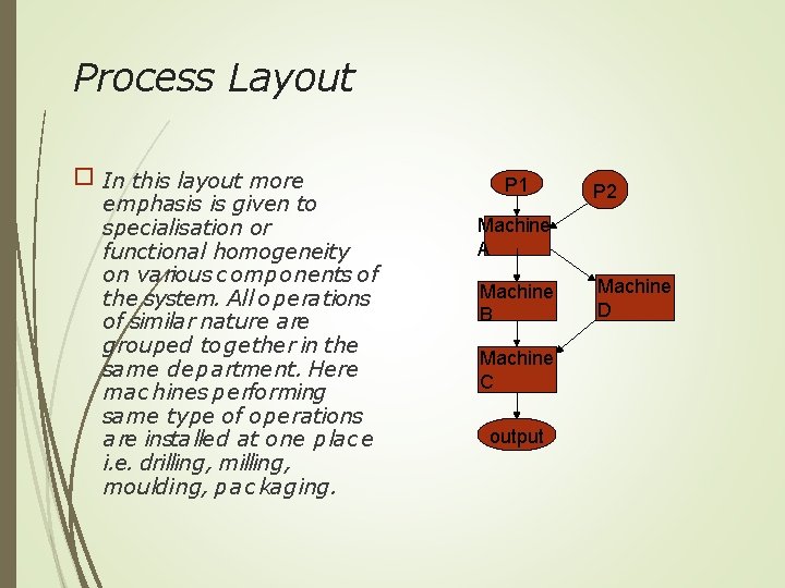 Process Layout � In this layout more emphasis is given to specialisation or functional