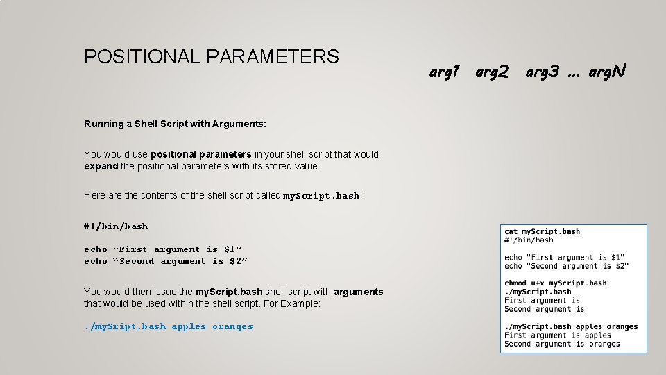 POSITIONAL PARAMETERS Running a Shell Script with Arguments: You would use positional parameters in