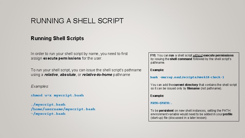 RUNNING A SHELL SCRIPT Running Shell Scripts In order to run your shell script