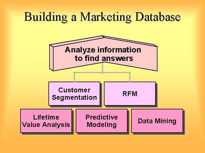 Building a Marketing Database Analyze information to find answers Customer Segmentation Lifetime Value Analysis