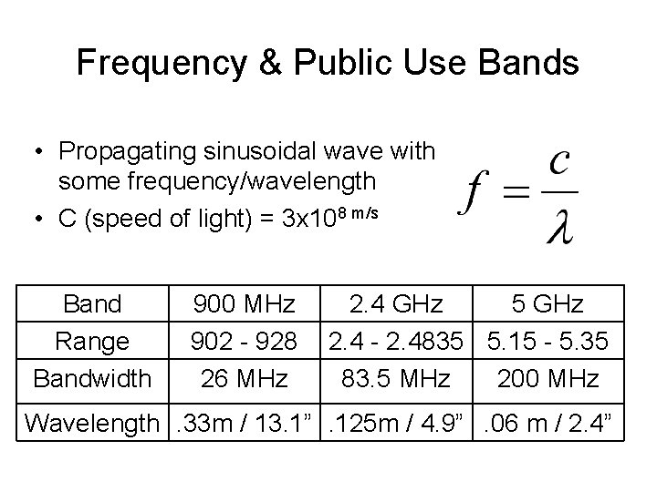 Frequency & Public Use Bands • Propagating sinusoidal wave with some frequency/wavelength • C