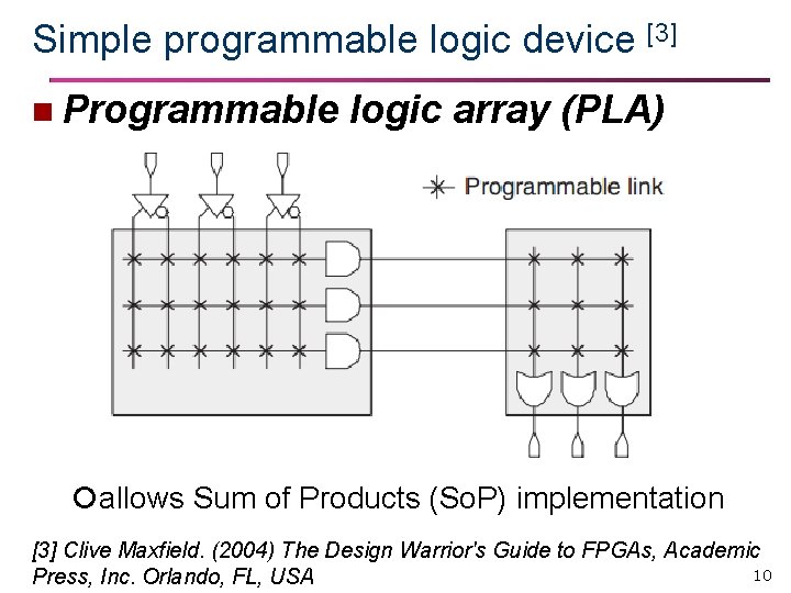 Simple programmable logic device [3] n Programmable logic array (PLA) allows Sum of Products