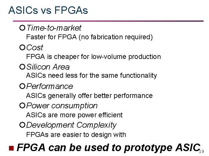 ASICs vs FPGAs Time-to-market Faster for FPGA (no fabrication required) Cost FPGA is cheaper