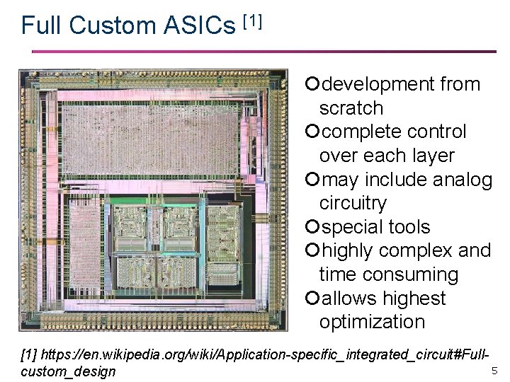 Full Custom ASICs [1] development from scratch complete control over each layer may include