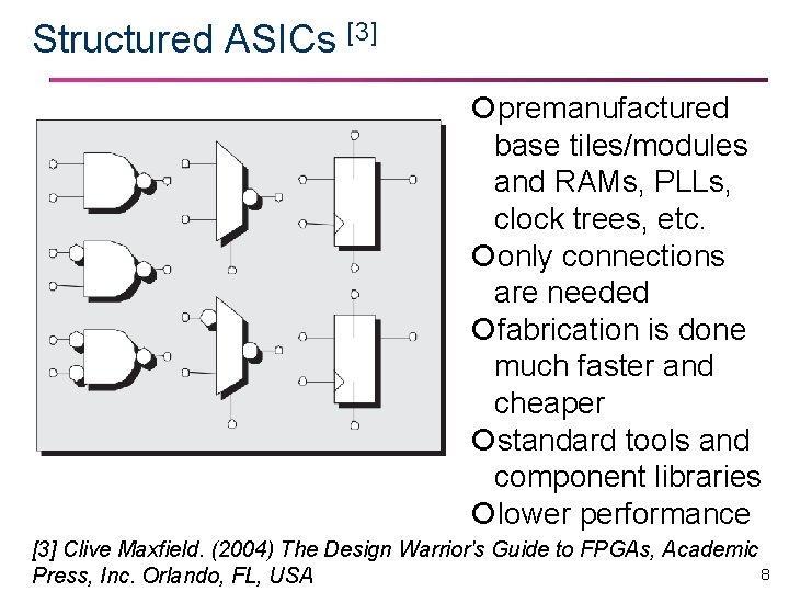 Structured ASICs [3] premanufactured base tiles/modules and RAMs, PLLs, clock trees, etc. only connections