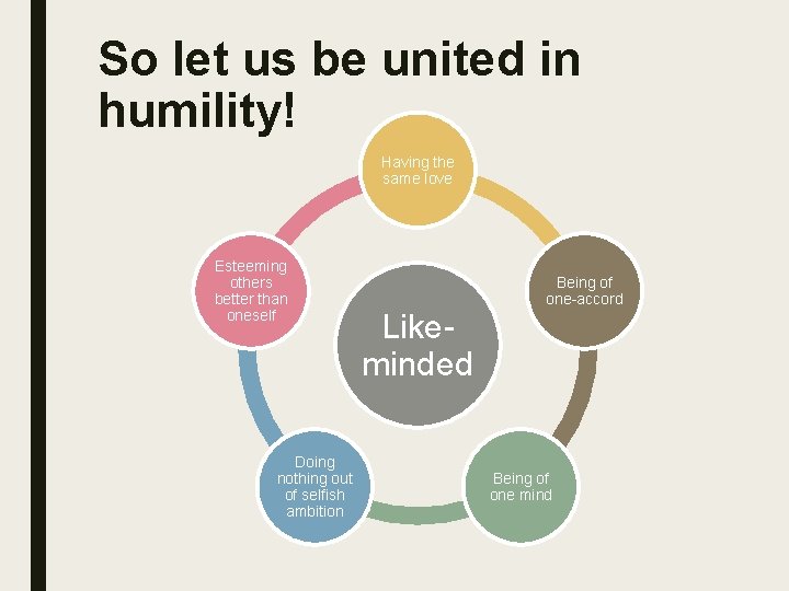 So let us be united in humility! Having the same love Esteeming others better