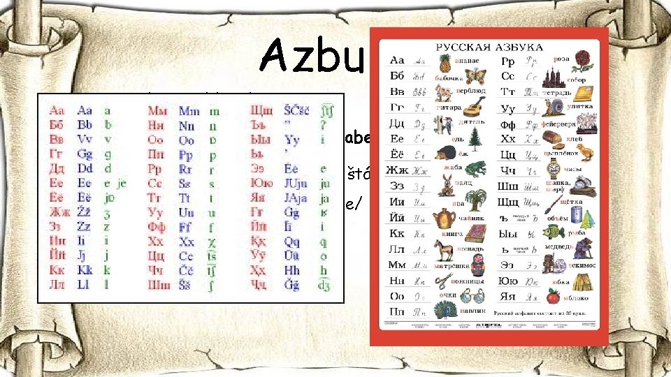 Azbuka • je cyrilika používaná v Rusku • abeceda ruskej cyriliky - ruská abeceda