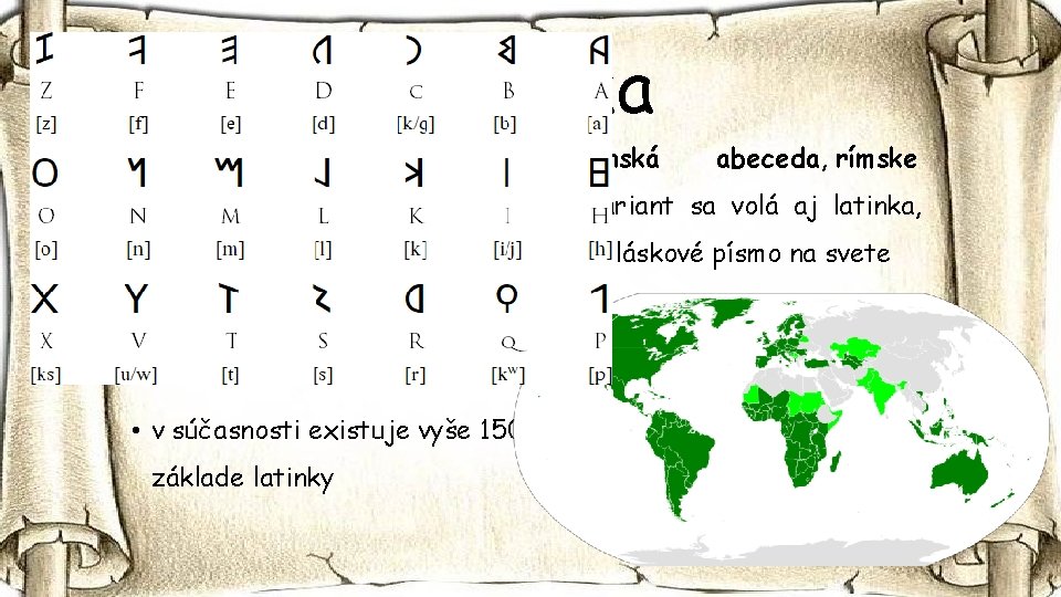 Latinka • latinské písmo (iné názvy: latinská abeceda, rímske písmo, rímska abeceda; novoveký variant