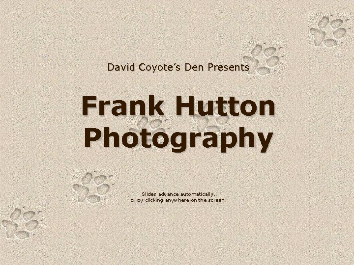 David Coyote’s Den Presents Frank Hutton Photography Slides advance automatically, or by clicking anywhere