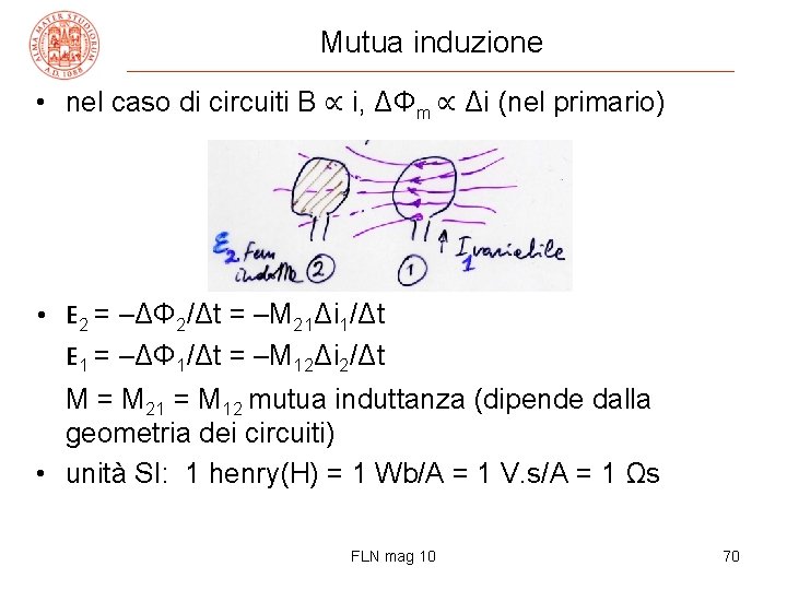 Mutua induzione • nel caso di circuiti B ∝ i, ΔΦm ∝ Δi (nel