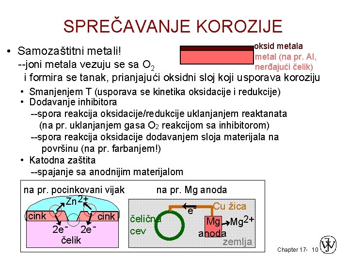 SPREČAVANJE KOROZIJE oksid metala metal (na pr. Al, nerđajući čelik) • Samozaštitni metali! --joni